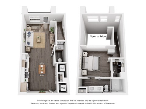 a stylized floor plan with a bedroom and a living room